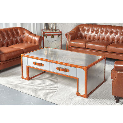 레트로 가죽 트리밍 알루미늄 여행 가방 캐비닛 맞춤형 다기능 커피 테이블 (서랍 2개 포함) 인더스트리얼 장식