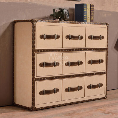 호텔 홈 가구용 나이스 스타일 수제 가죽 레드 와인 시가 바 사이드 테이블 수납 캐비닛 9개 서랍